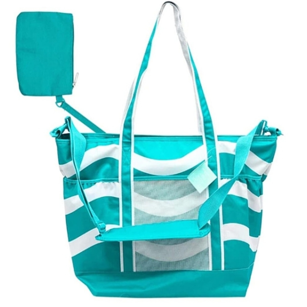 Primo Jumbo Insulated Beach Tote With Wet Pouchin Teal wavy lines patern. nwt